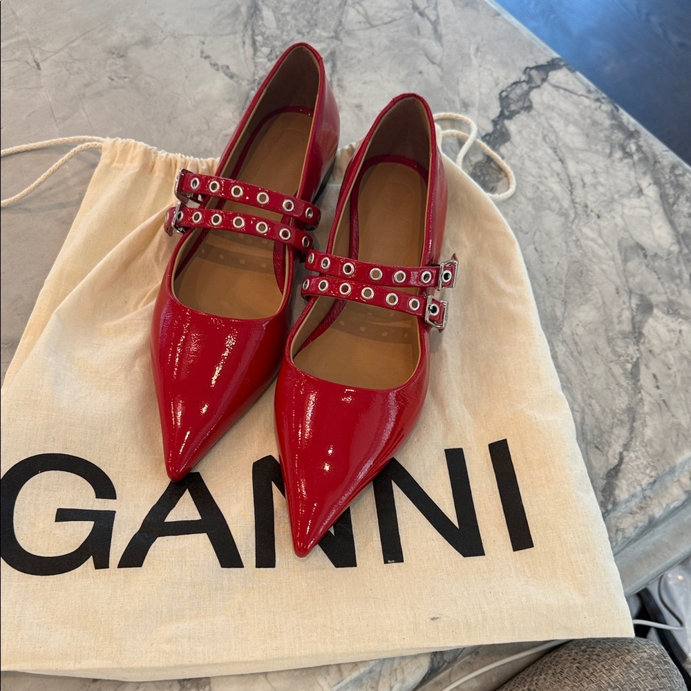 Ganni Red Patent Leather Flats with Buckle Detail